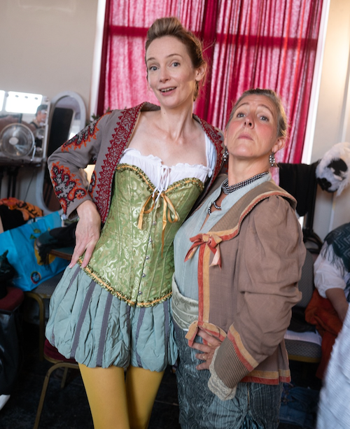 Damn Fine Greetings founders Emma Russell and Michelle Goodall backstage wearing ensemble costumes for Victorian theatrical cabaret 'Party Like It's 1899'