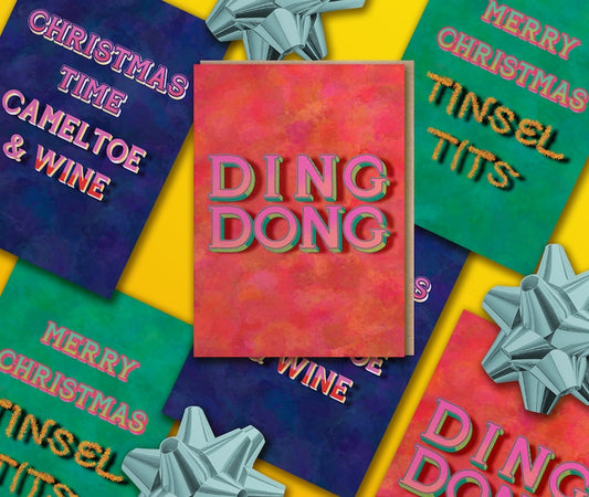 Sweary and rude christmas cards hand drawn lettered saying christmas time, cameltoe and wine, ding dong and merry Christmas tinsel tits