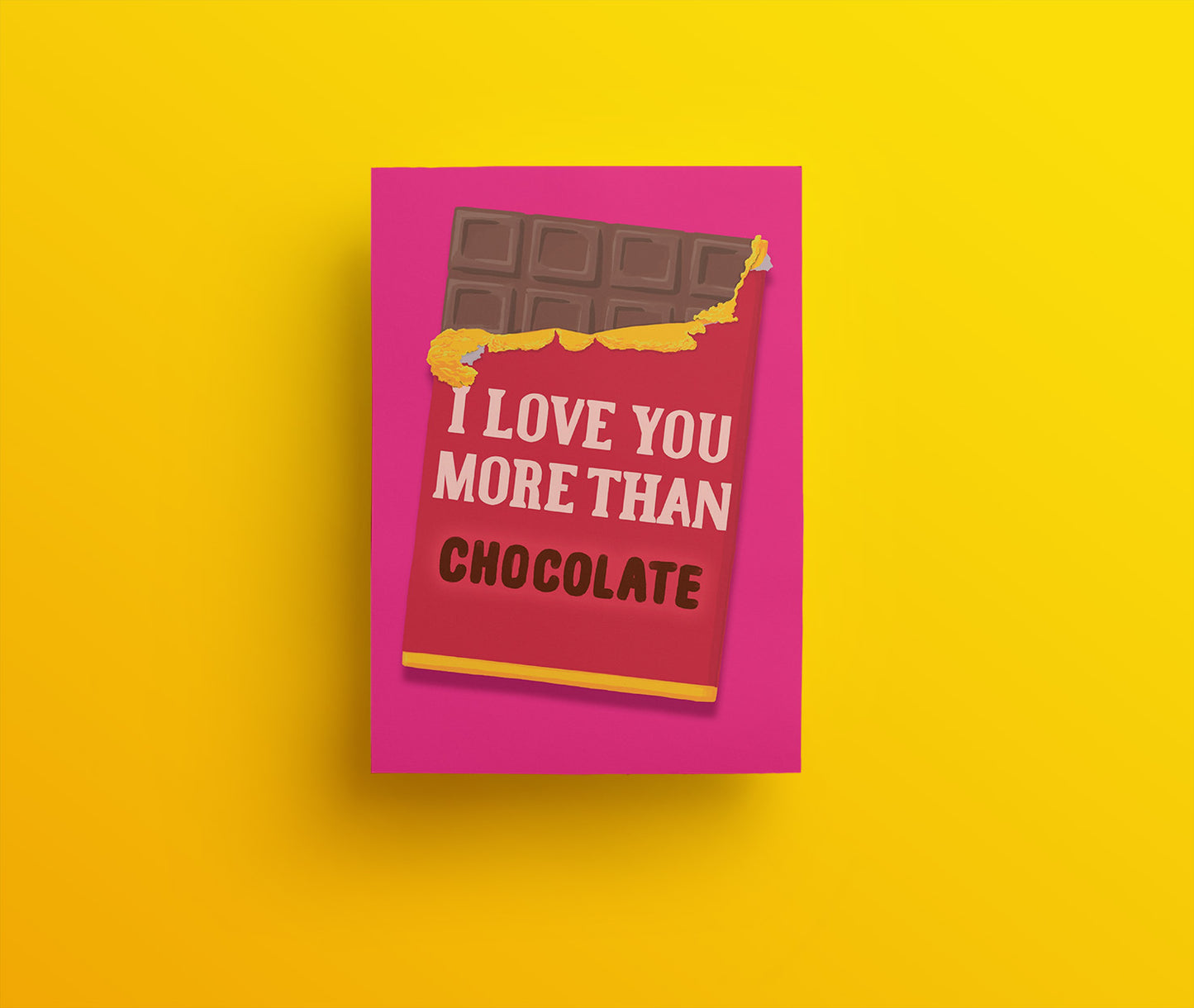 I love you more than chocolate hand drawn red and gold foil chocolate bar on a pink background greetings card