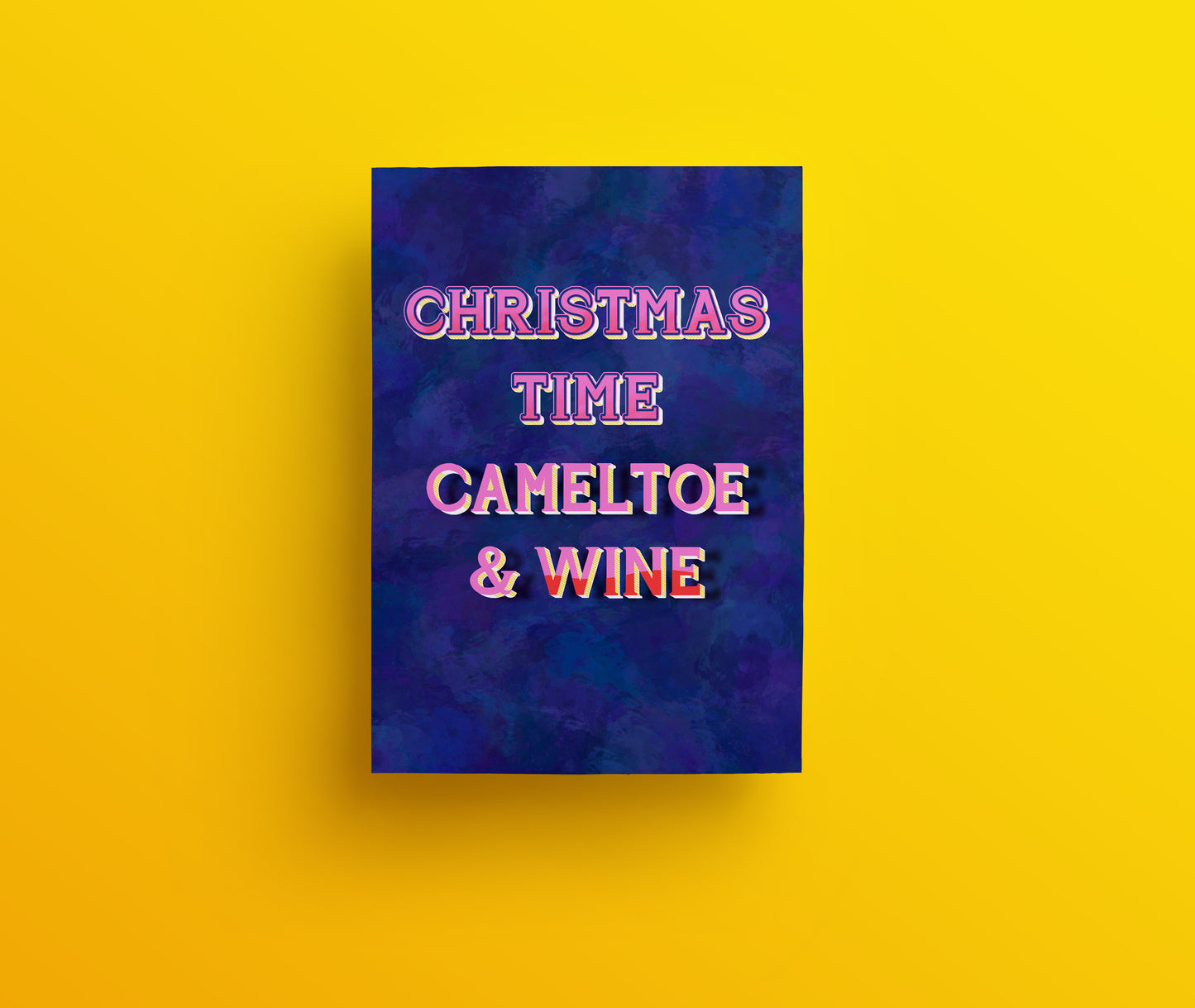 Sweary and rude christmas greeting card hand drawn lettered saying christmas time, cameltoe and wine