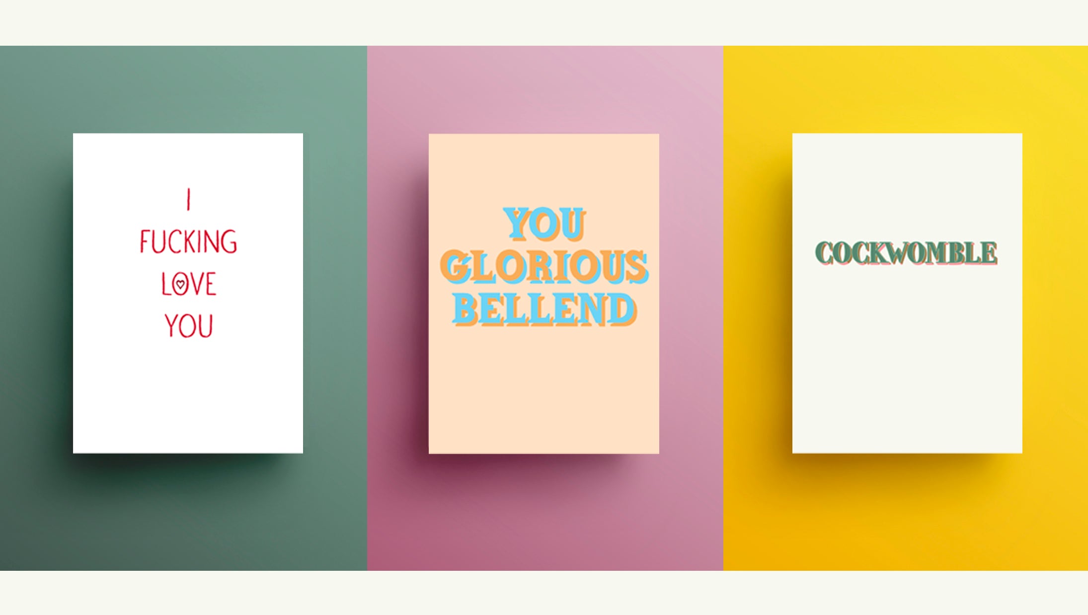Three rude greetings cards on a colourful background