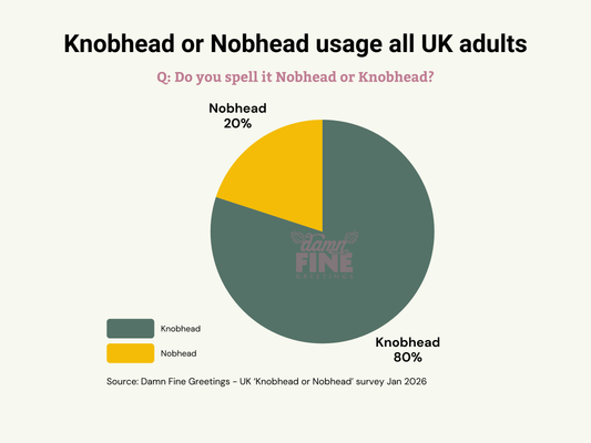 A pie chart showing the results of a survey asking whether UK adults use the spelling Knobhead or Nobhead. The results show that 80% use Knobhead with a K and 20% use Nobhead with a N.
