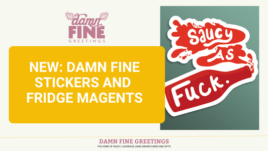 New damn fine stickers and fridge magnets blog header image with one of the magnets featuring