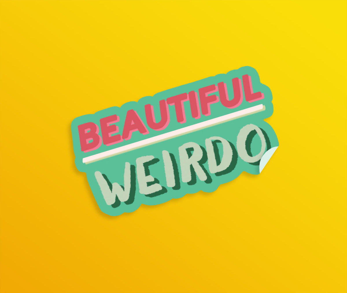 A pink, green and white die-cut sticker with the words 'Beautiful Weirdo' written in hand drawn lettering. 