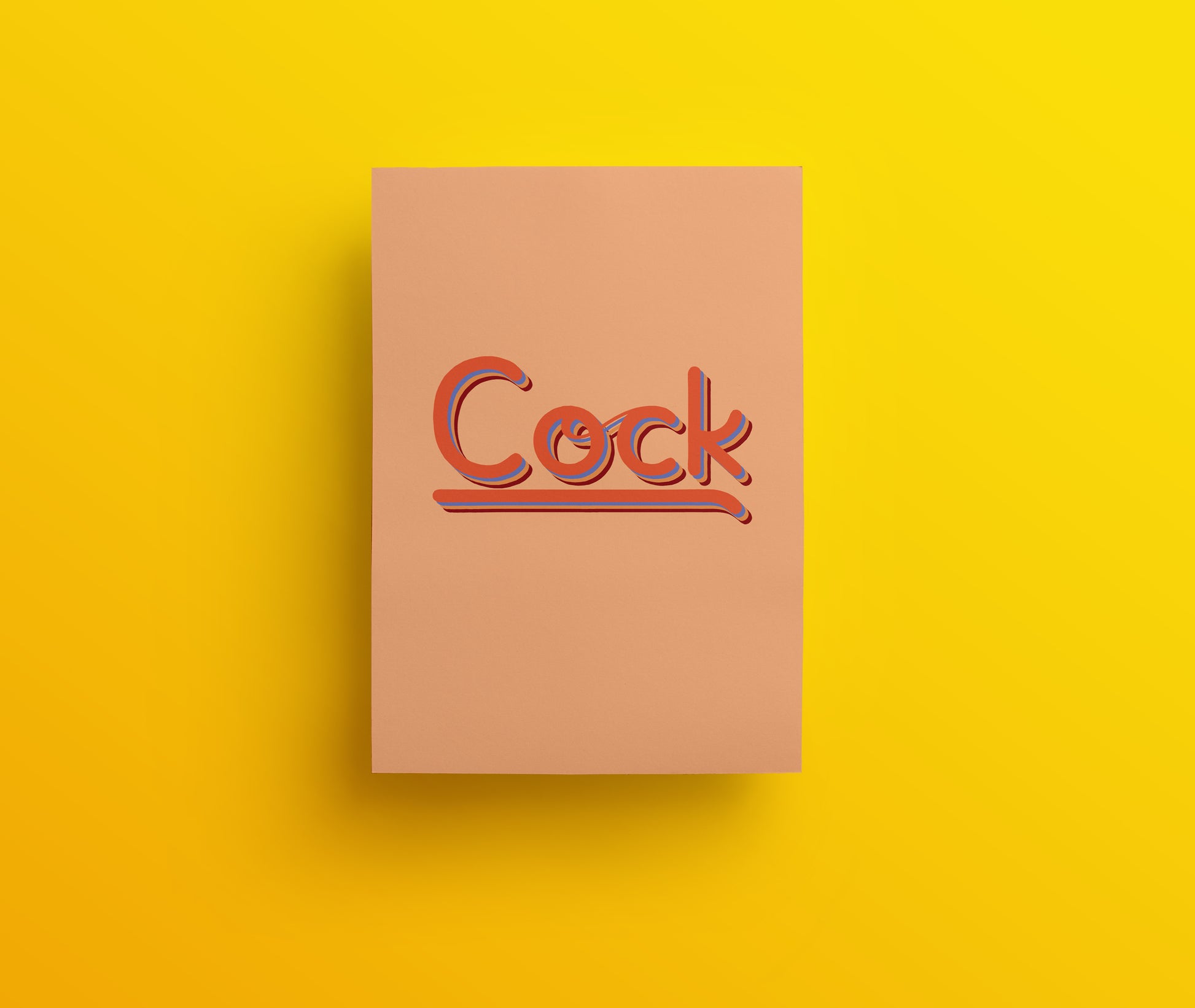 A peach-colored rude and sweary, hand drawn lettering greetings card with the word 'Cock' written in bold, red lettering, centered on the front. 