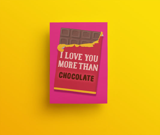 I love you more than chocolate hand drawn red and gold foil chocolate bar on a pink background greetings card