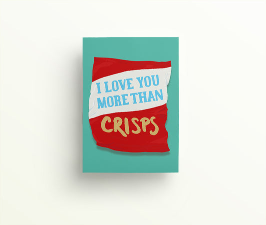 I love you more than crisps hand drawn red crisp packet on a turquoise background greetings card