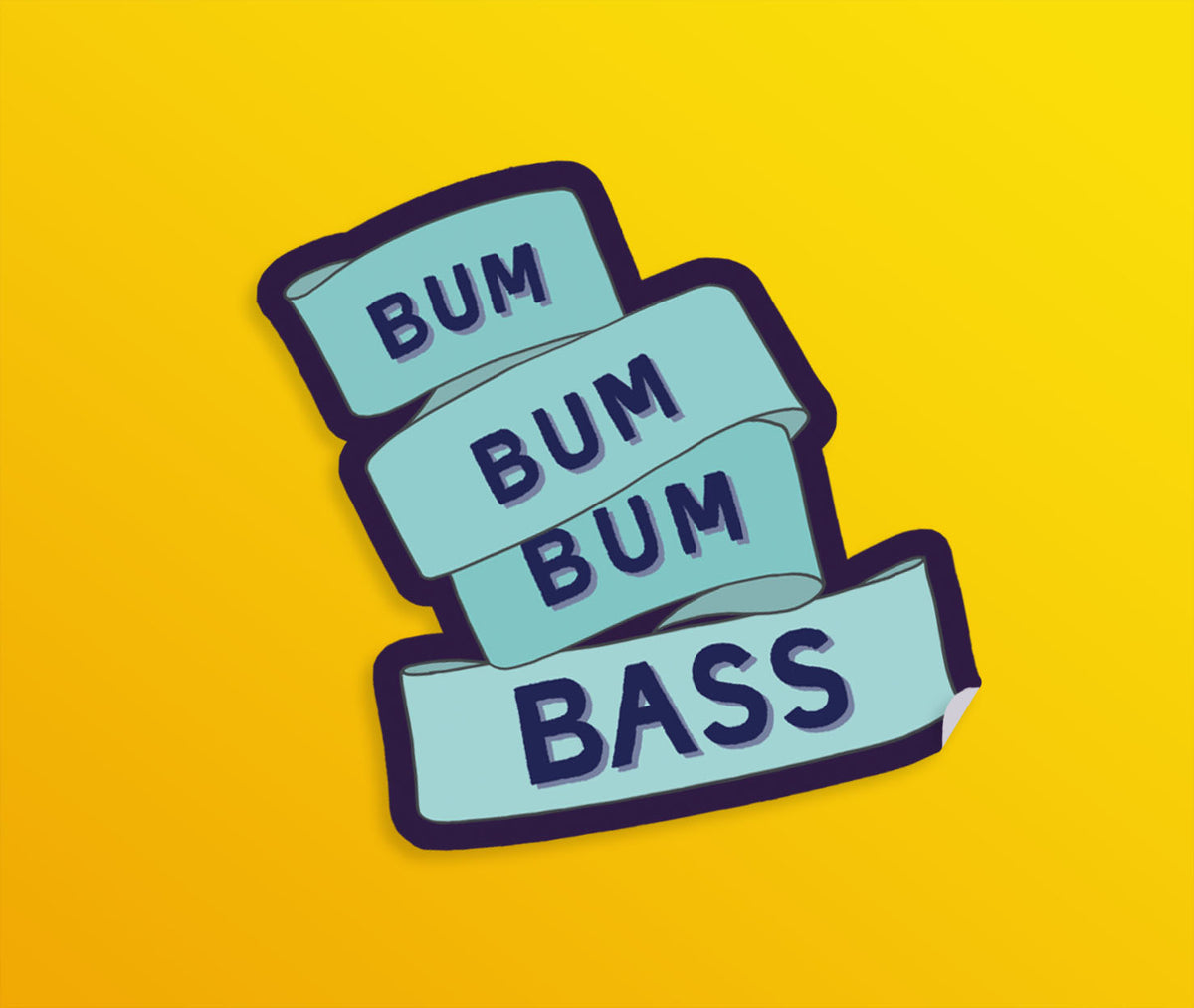 A die-cut sticker with a ribbon with hand drawn lettering on it in blue and deep violet saying "bum bum bum bass"