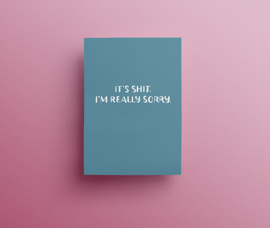 Small white hand drawn lettering saying "It's shit. I'm really sorry." on a muted blue background. 