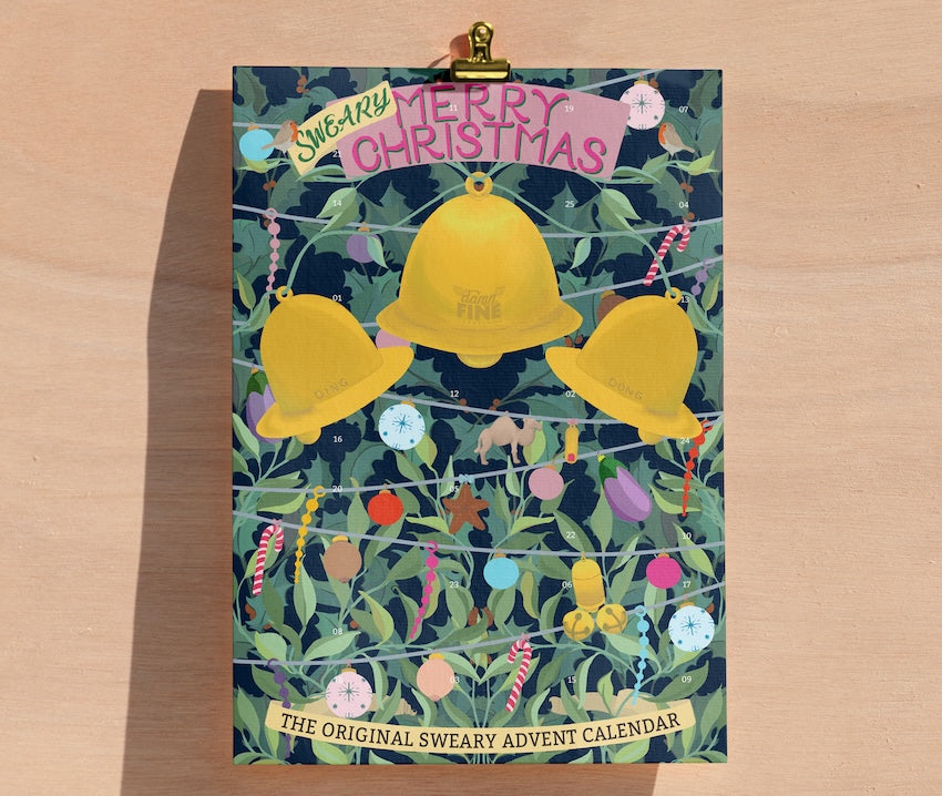 Advent calendar in a blue hue with yellow bells, naughty baubles and festive design saying  sweary merry christmas - the original sweary advent calendar.