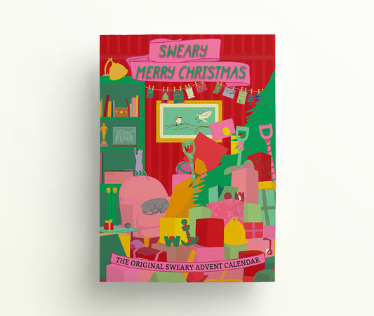 Advent calendar in a red hue with a festive design with rude visual clues saying sweary merry christmas - the original sweary advent calendar.