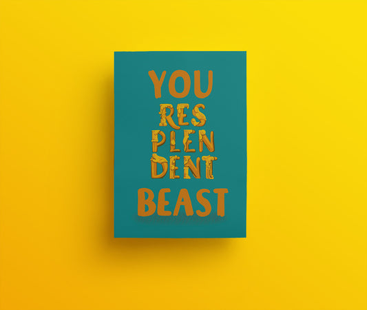 You resplendent beast hand drawn lettering in gold with classical icon and motif detailing on a green background. 
